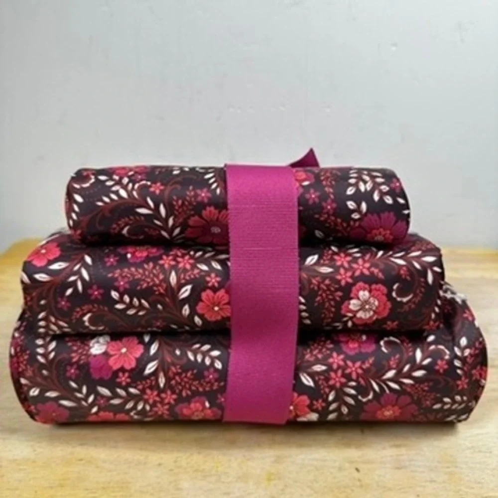 Nicole Miller Cosmetic Bag 3-Piece Set Burgundy Floral Toiletry Travel Pouch NWT